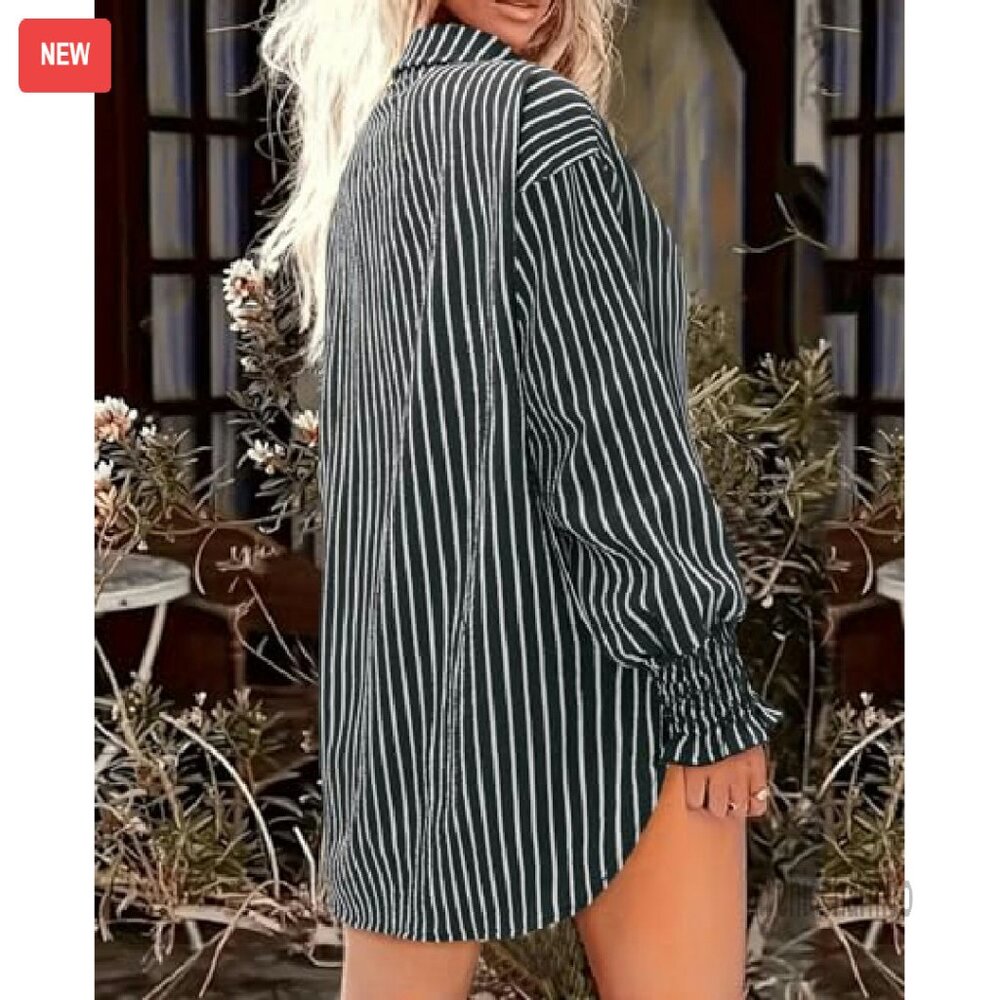 Oversized Striped Button Down Blouse Smocked Cuff… - image 3